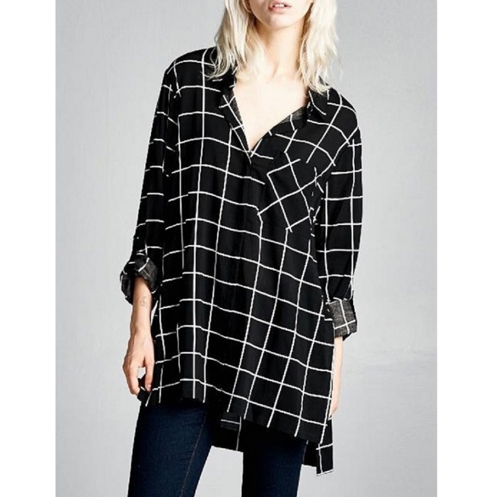 Plaid Roll-up Long Sleeve Hidden Button Down Shirt